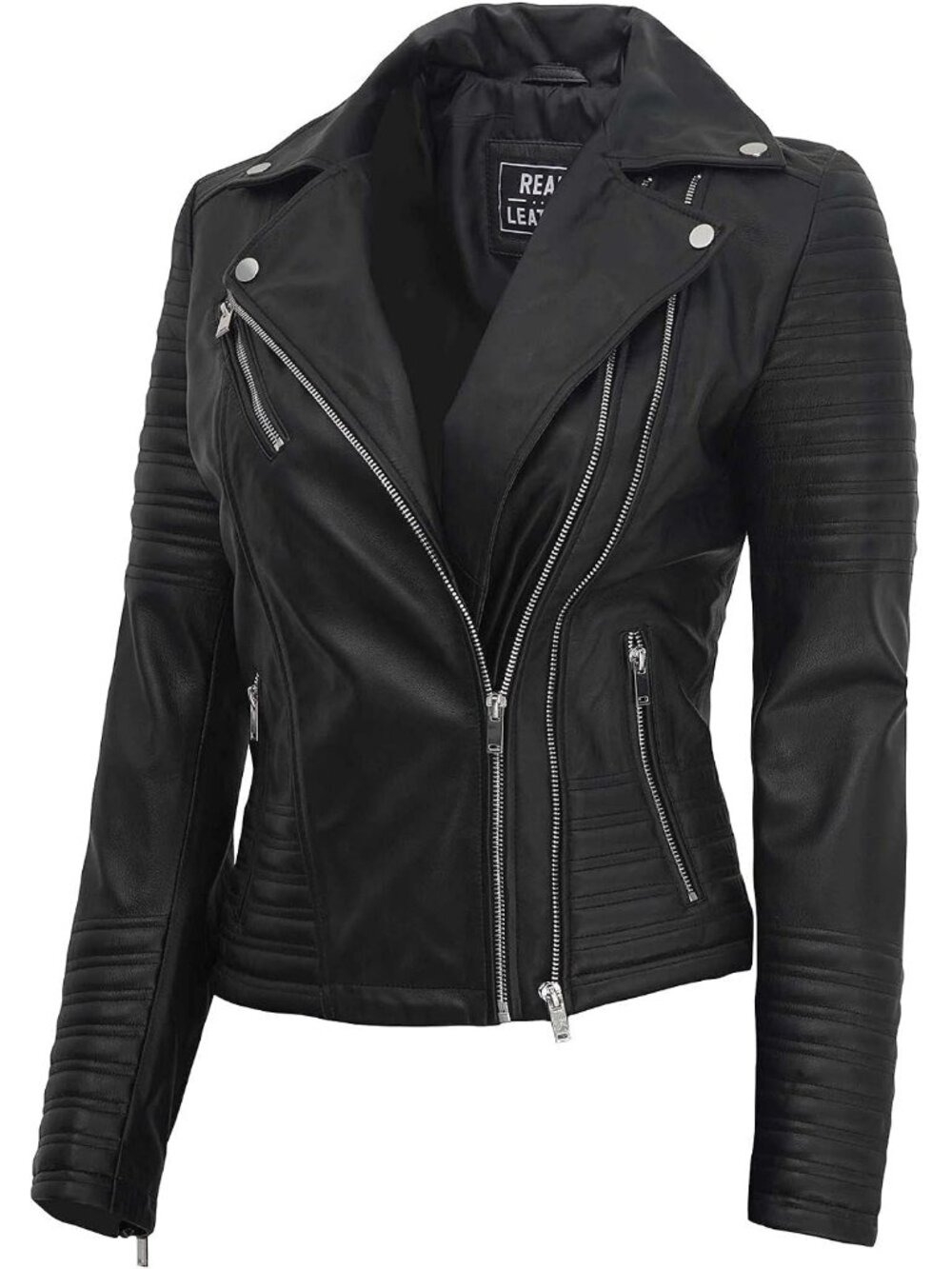 Women’s Black Leather Coat Shirt Collar Long Jacket Classic Stylish Outerwear